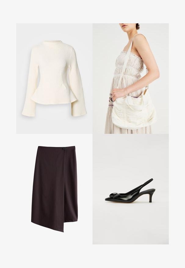 Top de punto acanalado crema con un cuello alto, mangas largas y acampanadas, y un dobladillo tipo peplum. La tela texturizada añade interés visual.; Falda marrón oscura con rayas verticales, con diseño cruzado y cierre con botón en la cintura. Textura suave. Los bordes son asimétricos.; Zapato de charol negro tipo slingback con punta afilada, tacón pequeño y un lazo prominente en el empeine. Textura suave y diseño elegante.; Bolso de hombro de tela blanca con textura fruncida, correa ajustable y herrajes plateados. Presentado junto a un vestido color crema.