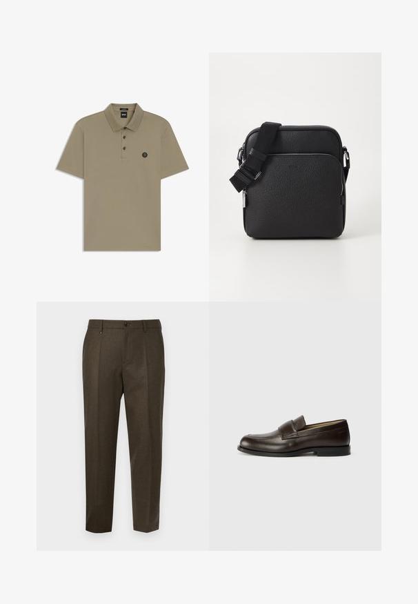 Beige Poloshirt aus Baumwolle, mit klassischem Kragen, drei schwarzen Knöpfen und einem runden Logo auf der linken Brust. Kurze Ärmel.; Dunkelbraune, maßgeschneiderte Hose mit glatter Textur, ausgestattet mit zwei vorderen Falten, einem Knopfverschluss und einem geraden Beinschnitt.; Calvin Klein Slipper - cocoa brown; Schwarze Leder-Crossbody-Tasche mit strukturierter Oberfläche, ausgestattet mit einer vorderen Reißverschlusstasche, verstellbarem Riemen und metallenen Hardware-Details.