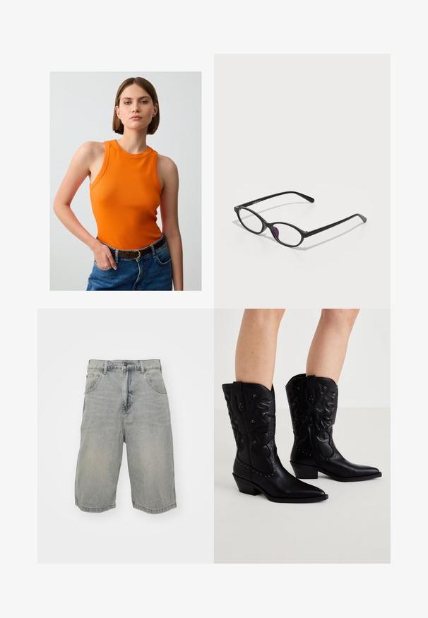 Pomarańczowy bezrękawnik w dopasowanym kroju, wykonany z gładkiego materiału. Połączony z niebieskimi dżinsami z wysokim stanem i brązowym paskiem.; Jasnoniebieskie szorty dżinsowe o luźnym kroju, z pięcioma kieszeniami, szlufkami na pasek oraz przetartą fakturą. Krawędź jest podwinięta i przyszyta.; Czarne skórzane kowbojskie botki z ostro zakończonym noskiem, skomplikowanym haftem, ćwiekami i niskim, prostym obcasem. Zamek błyskawiczny po boku dla łatwego zakładania.; Czarne plastikowe okulary w owalnym kształcie, z przezroczystymi soczewkami i jednym fioletowym akcentem na lewym szkle. Elegancki, minimalistyczny design.