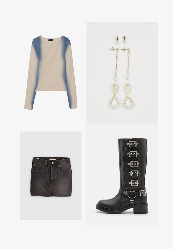 Garsija ar garām piedurknēm gaisā bežā krāsā, ar gradienta zilu dizainu. Gluda tekstūra ar apaļu kakla izgriezumu un taisnu apakšmalu.; Melnas džinsus svārki ar piecām kabatām, metāla pogu aizdari un kontrastējošu oranžu diegu šuvēm. Ar taisnu piegriezumu un minimālu nodilumu.; Melni ceļgalu zābaki, kas izgatavoti no gludas ādas, ar sešām sudraba sprādzēm, plašu siksnu ar O-gredzenu un izturīgu bloku papēdi.; Zelta toņa auskari ar diviem pērļu pilienu dizainiem. Vienai pāri ir pamatņu stiprinājumi, bet otrs ir karājošs stils ar ķēdi un papildu pērļiem.