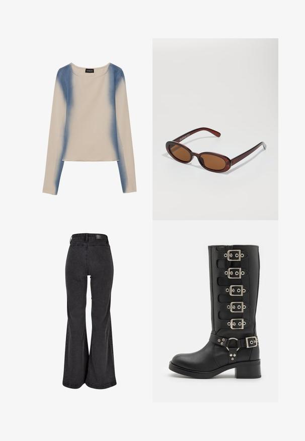 Maglietta a maniche lunghe in beige chiaro, con un design a gradiente blu. Texture liscia con scollatura rotonda e orlo dritto.; Jeans neri svasati con una texture liscia, vita alta e una toppa con marchio sulla parte posteriore. Presentano un design a gamba larga e cuciture rinforzate.; Stivale nero al ginocchio realizzato in pelle liscia, con sei fibbie argentate, una larga cintura con un anello a O e un robusto tacco a blocco.; Occhiali da sole rotondi con tonalità marrone, montatura lucida color bordeaux. Aste sottili con un sottile dettaglio del marchio. Design delle lenti piatte.