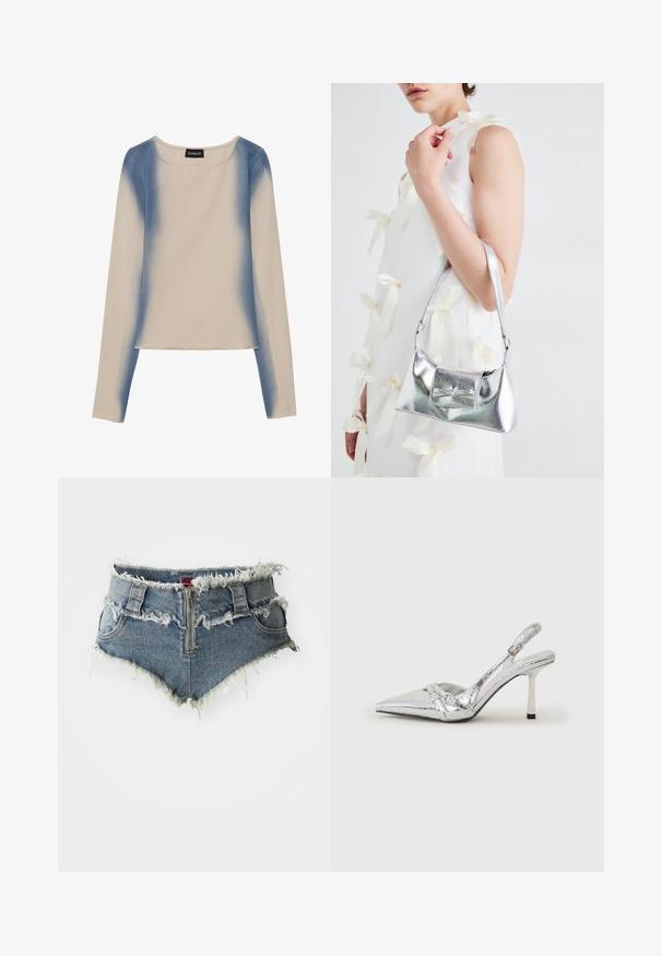 Top cu mânecă lungă în bej deschis, având un design în gradient de albastru. Textură netedă cu decolteu rotund și tiv drept.; Șorturi din denim cu margini desfăcute, talie înaltă, închidere cu fermoar în față și două buzunare frontale. Materialul este un denim albastru decolorat cu detalii uzate.; Pantofii cu toc înalt, argintii, cu vârf ascuțit, finisaj metallic, două curele decorative și un toc subțire cu vârful negru.; Geantă metalică argintie cu o formă structurată, având un mâner superior și un detaliu sub formă de fundă pe față. Textură netedă, finisaj reflexiv.