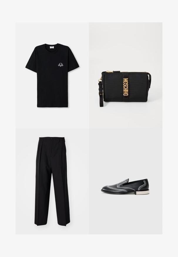 Crna pamučna majica s okruglim izrezom. Ima mali bijeli grafički dizajn na prsima. Kratki rukavi i ravni rub.; Crne plisirane hlače s ravnim širokim nogavicama. Izrađene od glatkog materijala, s dugmadi za zatvaranje i petljama za remen.; Crne kožne mokasine s bijelim dekorativnim šavovima i metalnim akcentom na peti, s glatkom teksturom i elegantnim siluetom.; Crna najlon torbica s zlatnim dodacima, središnjim logotipom u traci. Uključuje odvojivu naramenicu i zatvaranje na patentni zatvarač radi sigurnije upotrebe.