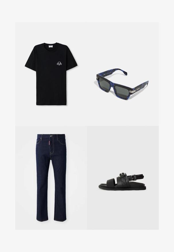 Čierne bavlnené tričko s okrúhlym výstrihom. Má malý biely grafický dizajn na hrudi. Krátke rukávy a rovný lem.; Tmavomodré džínsy s rovnými nohavicami, viditeľným šitím, zapínaním na gombík a štyrmi vreckami, vrátane malého vrecka na mince.; Čierne kožené sandále s dvoma širokými popruhmi a nastaviteľným členkovým popruhom so sponou. Plná podrážka s textúrovaným okrajom.; Versace Slnečné okuliare - havana blue/dark grey