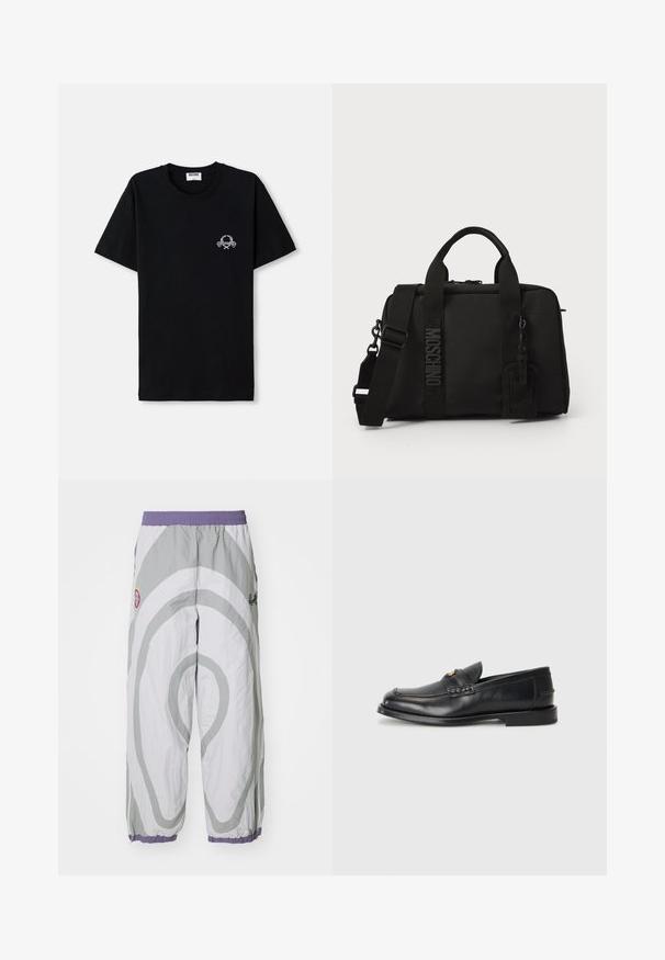 Schwarzes Baumwoll-T-Shirt mit Rundhalsausschnitt. Besitzt ein kleines weißes grafisches Design auf der Brust. Kurze Ärmel und gerade Saum.; Leichte, graue Hosen mit einem gemusterten Design in Weiß, das wirbelnde Formen zeigt. Sie verfügen über einen elastischen Bund und tapered Beinsäume mit lila Akzenten.; Schwarze Lederloafers mit runder Zehenform, genähten Details und einem kleinen goldenen Akzent an der Vorderseite. Die Sohle ist flach und unauffällig.; Schwarze Textilentüte mit doppelten Griffen und abnehmbarem Schultergurt. Verfügt über ein geprägtes Logo und ein Lederlabel. Glatte Textur, rechteckige Form.