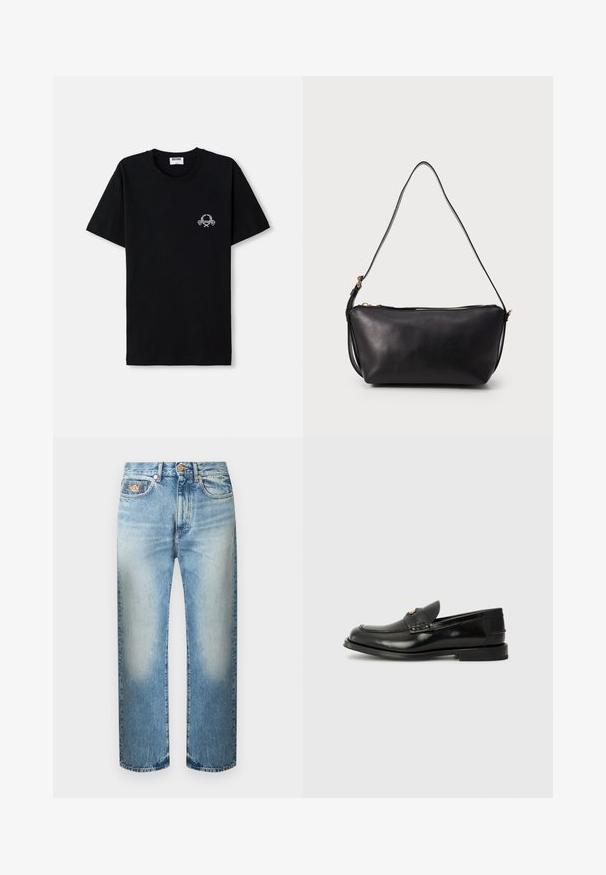 Čierne bavlnené tričko s okrúhlym výstrihom. Má malý biely grafický dizajn na hrudi. Krátke rukávy a rovný lem.; Svetlomodré rifle s rovnými nohavicami, s blednutými miestami, päťvreckovým dizajnom, pútkami na opasok a zapínaním na gombík v páse.; Čierne kožené loafery s okrúhlym špičkou, dekoratívnym prešívaním a malým predným klapkou. Plná gumová podrážka s minimálnym podpätkom.; Čierna kožená taška cez rameno s jedným dlhým nastaviteľným popruhom a zlatým zipsom na vrchu, vystavená na jednoduchom pozadí.