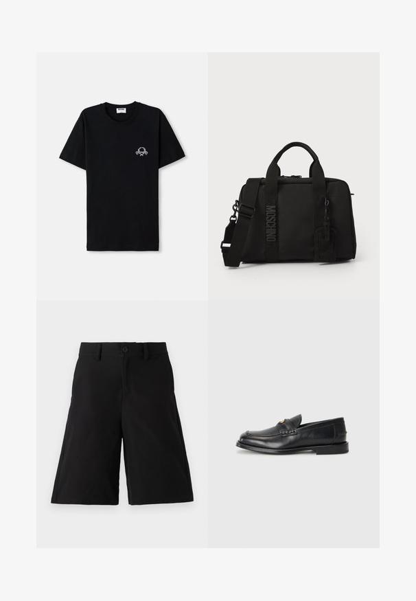 Juodas medvilnės marškinėliai su apvalia iškirpte. Su mažo balto grafikos dizaino elementu krūtinėje. Trumpomis rankovėmis ir tiesiu pašonu.; Juodi šortai, pagaminti iš medvilnės ir sintetinių pluoštų, pasižymintys tiesia iškirpte, priekyje užsegamu mygtuku, šoninėmis kišenėmis ir lygiu paviršiumi.; Juodi odiniai loaferiai turi apvalų nykštį, siuvinėtus detalės ir mažą aukso akcentą priekyje. Padas yra plokščias ir diskretiškas.; Juodas tekstilinis krepšys su dviem rankenomis ir nuimamą petnešą. Yra iškeltas logo ir odinis etiketas. Lygus paviršius, stačiakampio formos.