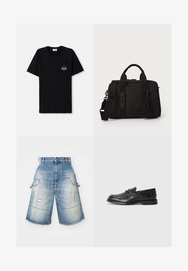Černé bavlněné tričko s kulatým výstřihem. Na hrudi se nachází malý bílý grafický design. Krátké rukávy a rovný lem.; Džínové šortky v bledě modré barvě s vybledlým vzhledem, čtyřmi kapsami, s odřeným detailem a širokým, rovný střih. Zpevněné švy.; Černé kožené loafers mají zaoblenou špičku, šité detaily a malý zlatý akcent na přední straně. Podešev je plochá a nenápadná.; Černá textilní taška s dvojitými uchy a odnímatelným popruhem na rameno. Disponuje embosovaným logem a koženou visačkou. Hladká textura, obdélníkový tvar.