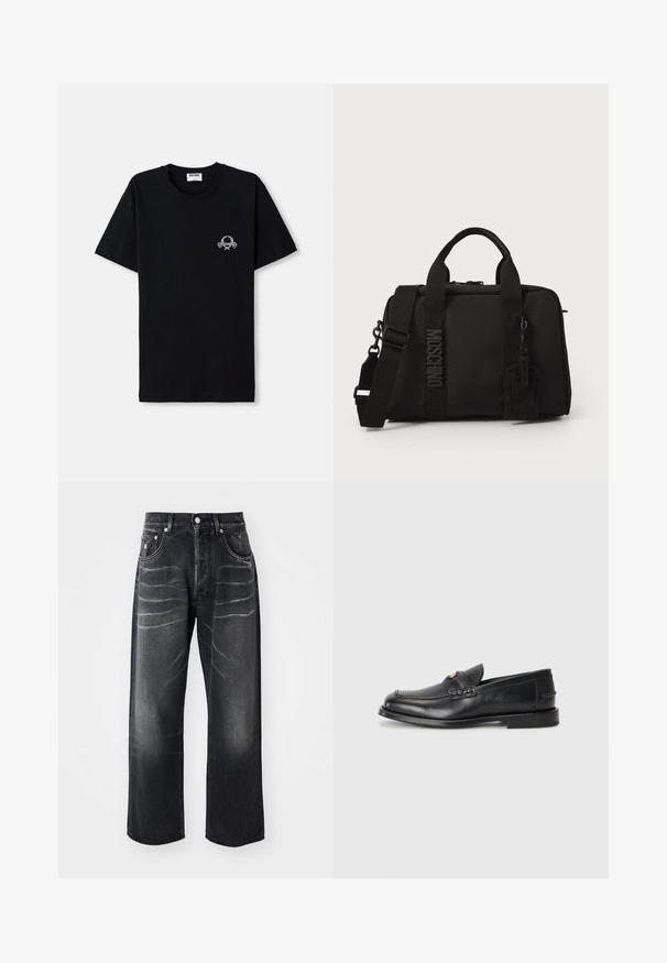 Juodas medvilnės marškinėliai su apvalia iškirpte. Su mažo balto grafikos dizaino elementu krūtinėje. Trumpomis rankovėmis ir tiesiu pašonu.; Juodos tiesios džinsinės kelnės su išblukusiomis raukšlėmis ant šlaunų, priekyje mygtukas, užtrauktukas ir penkių kišenių dizainas.; Juodi odiniai loaferiai turi apvalų nykštį, siuvinėtus detalės ir mažą aukso akcentą priekyje. Padas yra plokščias ir diskretiškas.; Juodas tekstilinis krepšys su dviem rankenomis ir nuimamą petnešą. Yra iškeltas logo ir odinis etiketas. Lygus paviršius, stačiakampio formos.