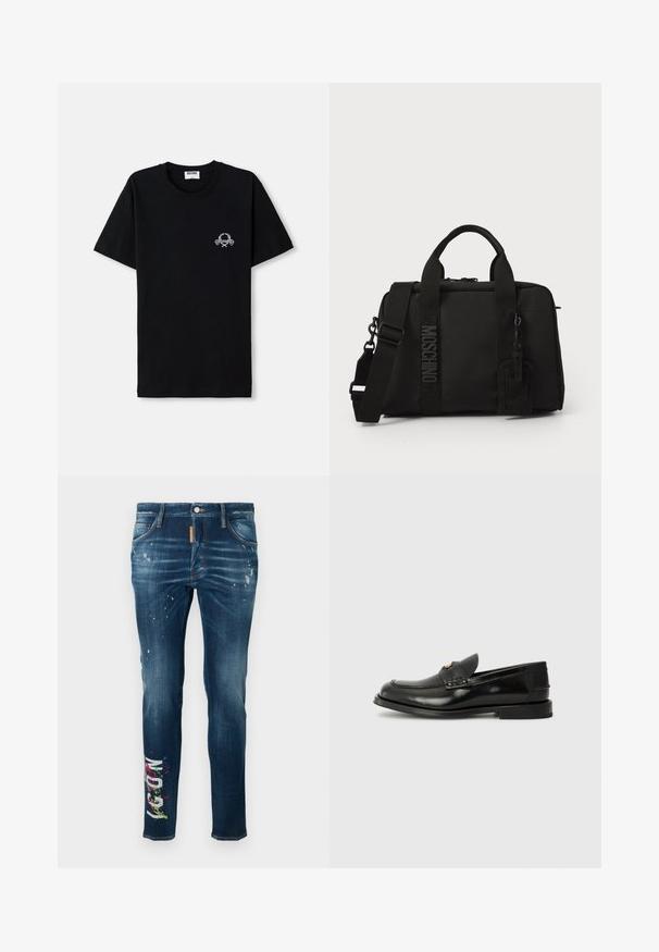 Črna bombažna majica s kratkimi rokavi in okroglo ovratnikom. Ima majhen bel grafični motiv na prsih. Kratki rokavi in ravno rob.; Modre denim hlače s sežnim prileganjem, z madeži barve in pisanimi grafičnimi napisi na levi nogi. Kontrastni šivi vzdolž šivov.; Črne usnjene loafer čevlje za moške z zaobljenim nosom, dekorativnim šivom in majhnim sprednjim poklopcem. Ravna gumijasta podplat z minimalnim peto.; Črna tekstilna torba z dvema ročajema in snemljivim naramnim trakom. Ima izbočeno logo in usnjeno oznako. Gladka tekstura, pravokotna oblika.