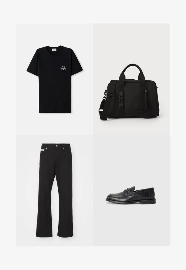 Melna kokvilnas T-krekls ar apaļu kakla izgriezumu. Ar mazu baltu grafisku dizainu uz krūšu daļas. Īsas piedurknes un taisna apakšdaļa.; Melni kokvilnas bikses ar taisnas kājas dizainu, ar priekšējo pogu aizdari, divām sānu kabatām un mazu zīmola etiķeti jostasvietā.; Melnā ādas mokasīni ir ar noapaļotu purngalu, šūšanas detaļām un nelielu zelta akcentu priekšpusē. Zole ir plaka un diskrēta.; Melnas tekstila soma ar divām rokturiem un noņemamu plecu siksnu. Iezīmēta ar iegravētu logo un ādas piekariņu. Gluda tekstūra, taisnstūra forma.