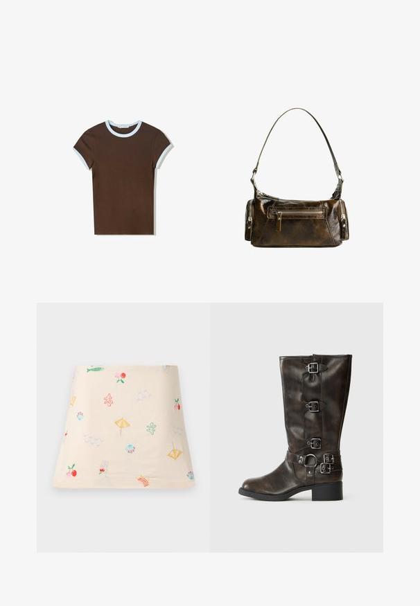 Bruine katoenen t-shirt met lichtblauwe ribbelkraag en mouwaccenten. Korte mouwen, strakke pasvorm en een zachte textuur.; Geborduurd katoen top met een crème achtergrond, versierd met kleurrijke strandthema-patronen zoals parasols, golven, vissen en kersen.; Bruine leren kniehoge laarzen met meerdere gespen, een ronde neus en een lage chunky hak. Heeft een gestructureerde afwerking en verstelbare banden.; Bruine leren handtas met een gebogen vorm, zilverkleurige hardware en twee ritszakken aan de voorkant. Inclusief verstelbare schouderband.