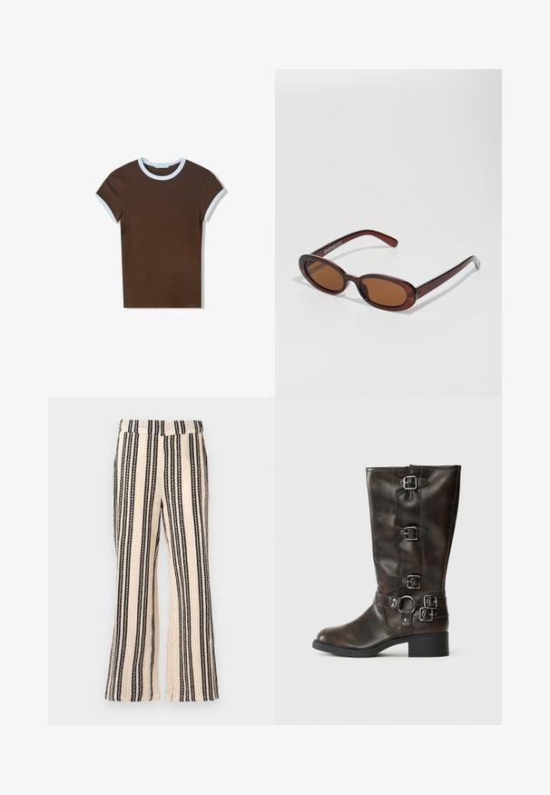 Brown cotton t-shirt with light blue ribbed neckline and sleeve accents. Short sleeves, fitted design, and smooth texture.; Striped trousers in a cream and black colorway, featuring a wide-leg design and textured fabric with a woven pattern.; Brown leather knee-high boots with multiple buckles, a round toe, and a low chunky heel. Features a textured finish and adjustable straps.; Round, brown-tinted sunglasses with a glossy burgundy frame. Slim arms with subtle branding detail. Flat lens design.; Brown leather handbag with a curved shape, silver hardware, and two zippered pockets on the front. Adjustable shoulder strap included.
