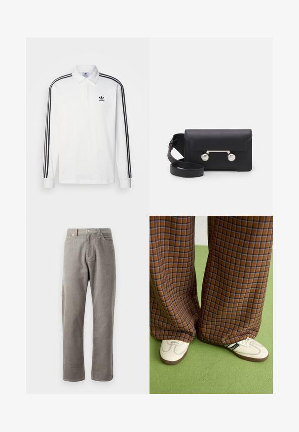 Valge pika varrukaga polo särk, millel on klassikaline krae, mustad kolm riba aktsendid varrukatel ja väike must logo rinnal.; Hallüütuskraadi külgedelt sirge lõikega hallid korduroo püksid, kõrge talje, esi-taskud ja peene vertikaalne soonik tekstuur.; Pruunide ja siniste ruuduliste laiad püksid, mille juurde on kombineeritud valged kingad mustade aktsentidega ja tekstuursete taldadega, roheline taust.; Must со хsaid crossover kottiga black nahka, mis on varustatud klapiga sulgemisega, hõbedased detailid ja kaks ümmargust aksessuaar. Omab eemaldatavat rihma. Sile tekstuur.