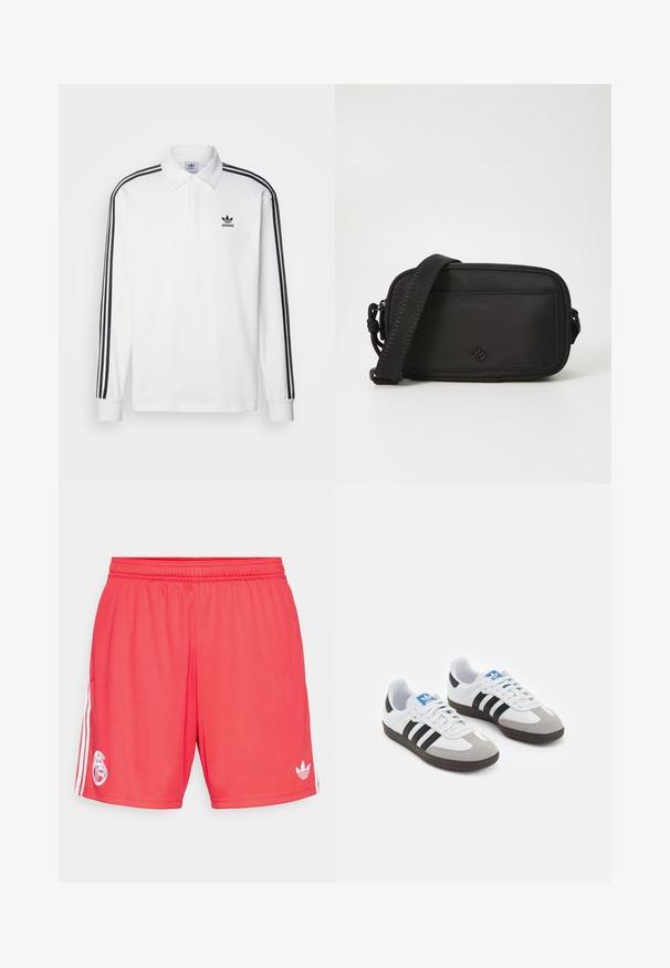 Hvit langermet polo-skjorte med klassisk krage, svarte tre-stripe detaljer nedover ermene, og en liten svart logo på brystet.; Røde atletiske shorts laget av lett stoff, med en hvit logo på venstre ben og tre hvite striper langs sidene.; Sportssko med en hvit skinnoverdel, grå semsket tå og tre svarte striper. Har en blå logo på tungen og en teksturert gummisåle.; Svart nylon crossover bag med glidelås, flat frontlomme og teksturert stropp. Har en liten logo på forsiden.
