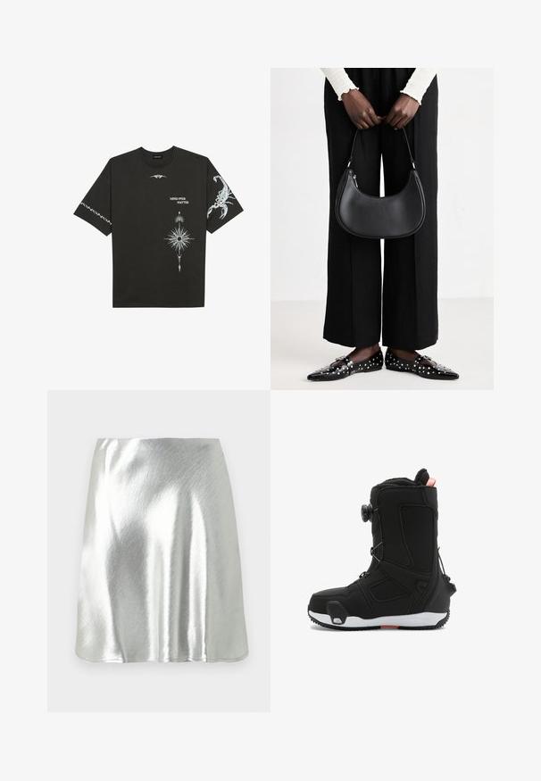 Svart bomullströja med vita grafiska tryck, inklusive en skorpion och abstrakta mönster. Kortärmad; rund halsringning.; Silverfärgad metallic minikjol med slät textur och en lätt glans. Har en utsvängd design och en enkel, ren avklippt fåll.; DC Shoes PHASE PRO STEP ON - BOA - Snowboardsko - kho black hot coral; Svart läderaxelväska med rundad form, glänsande yta och silverdetaljer. Person bär svarta vida byxor och nitprydda loafers.