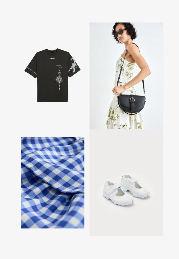 Čierne bavlnené tričko s bielymi grafickými potlačami, vrátane škorpióna a abstraktných vzorov. Krátke rukávy; okrúhly výstrih.; Modrá a biela károvaná tkanina s jemnou textúrou, obsahujúca malé štvorce v striedajúcich sa odtieňoch modrej. Obsahuje detail s volánom na okrajoch.; Biele športové topánky s textúrovaným zvrškom, nastaviteľným suchým zipsom, okrúhlou špičkou a robustnou podrážkou so zreteľným vzorom.; Čierna kožená kabelka s zaobleným tvarom, odnímateľným popruhom a zlatými doplnkami. Kabelka má klopu s detailom s prackou.