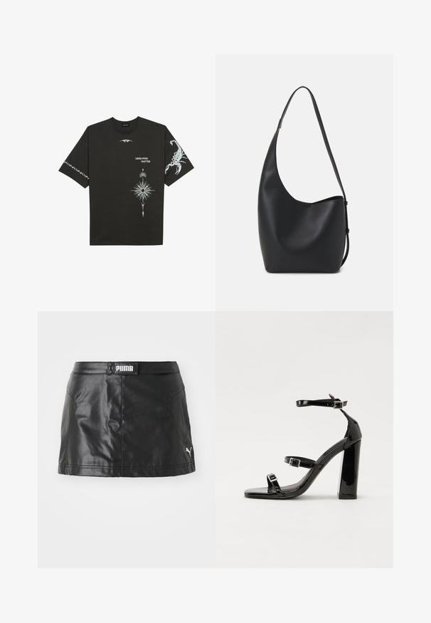 Melnas kokvilnas T-krekls ar baltajiem grafiskajiem printiem, tostarp skorpiona un abstraktiem dizainiem. Īsas piedurknes; apaļa kakla izgriezums.; Melnā mākslīgā ādas svārku ar gludu tekstūru, ar PUMA logotipu uz jostas un mazu logotipu uz apakšmala.; Melnas lakotas augstpapēžu čības ar kvadrāta purngalu, potīšu siksniņām un sudraba sprādzēm. Aprīkotas ar masīvu bloku papēdi stabilitātei.; Melnas ādas hobo soma ar gludu tekstūru, izliekta forma un vienu regulējamu jostu; augšā ir plaša atvere.
