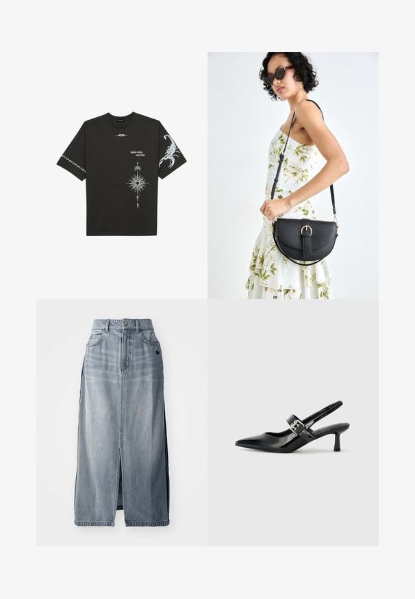 T-shirt de algodão preto com estampas gráficas brancas, incluindo um escorpião e designs abstratos. Mangas curtas; decote redondo.; Saia de ganga em azul claro com uma abertura frontal, dois bolsos e detalhe do logótipo. Apresenta uma cintura alta e um design reto, feita de tecido durável.; Saltos slingback em verniz preto com bico pontiagudo e um pequeno salto bloco, apresentando um detalhe de fivela prateada na tira.; Bolsa de couro preta com forma curva, alça destacável e detalhes em dourado. A bolsa possui uma aba com detalhe de fivela.