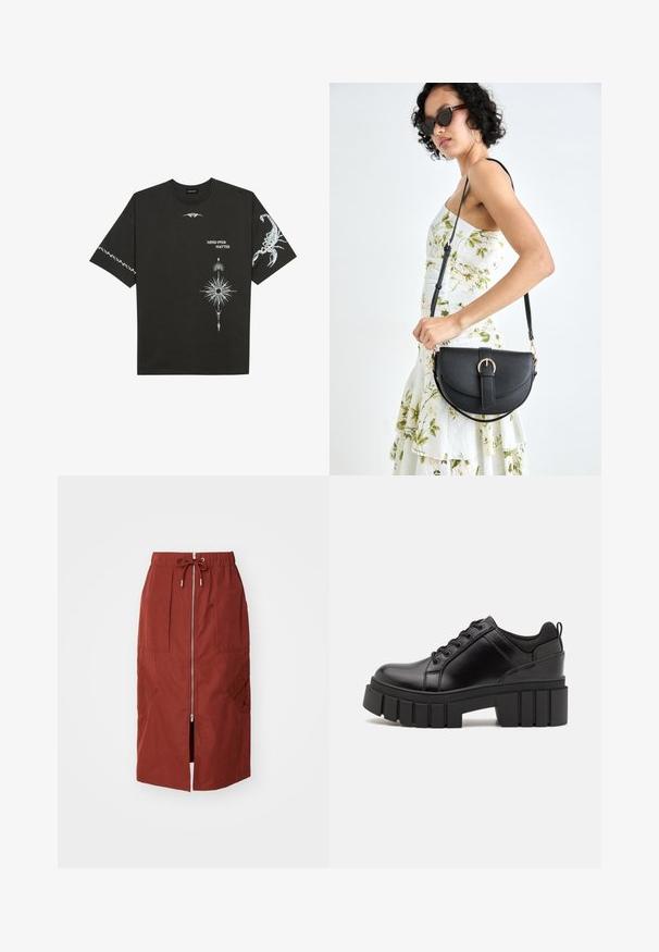 Tricou din bumbac negru, cu imprimeuri grafice albe, inclusiv un scorpion și desene abstracte. Mâneci scurte; decolteu rotund.; Fustă până la jumătatea tibiei, de culoare roșie teracotă, cu fermoar la front, talie elastică cu șnur și buzunare laterale cu un design geometric.; Pantofi cu talpă plată din piele neagră, cu toc gros, vârf rotund și design tradițional cu șireturi. Prezintă o textură netedă și detalii minime.; Geantă din piele neagră, cu o formă curbată, curea detașabilă și accesorii aurii. Geanta are un capac cu un detaliu tip cataramă.