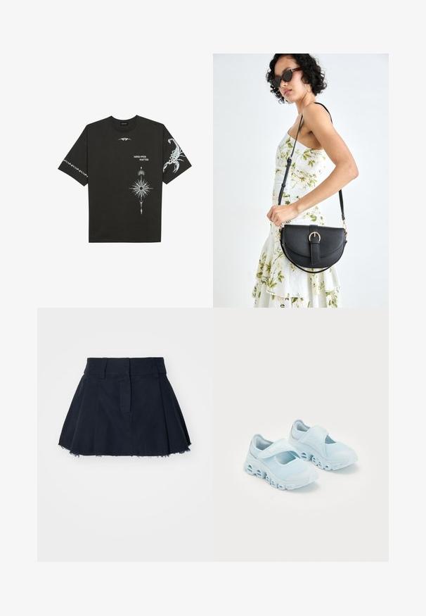 Fekete pamut póló, fehér grafikával, beleértve egy skorpiót és absztrakt mintákat. Rövid ujjú; kerek nyakú.; Tengerészkék pamut szoknya, fodros fazonnal, redők nélkül, rojtos szegéllyel és övekkel ellátott derékrésszel.; Világoskék sportcipők hálós anyagból, hangsúlyos kivágásokkal a talpban, és tépőzáras pánttal a tetején a biztos illeszkedés érdekében.; Fekete bőrtáska ívelt formával, levehető pánttal és arany színű fémrészekkel. A táskán egy csattal díszített fedél található.
