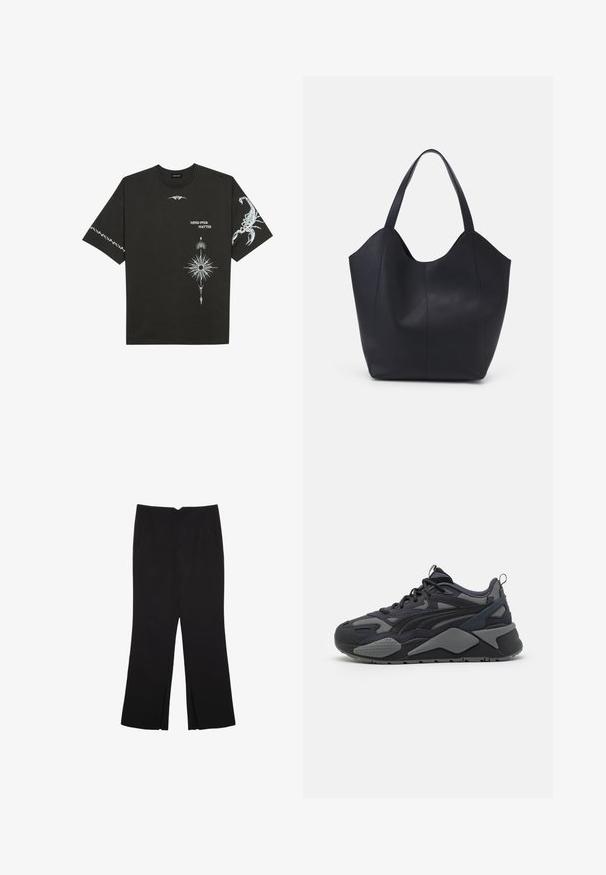 Crna pamučna majica s bijelim grafičkim printovima, uključujući škorpiona i apstraktne dizajne. Kratki rukavi; okrugli izrez.; Crne hlače ravnog kroja, s prednjim džepovima i bočnim prorezima na rubu. Izrađene od mekog i glatkog materijala. Pogodne za razne prigode.; Crni atletski tenisice s gornjim dijelom od mreže i tekstila s sivim detaljima, masivnim potplatom i prepoznatljivim dizajnerskim linijama.; Crna torba od glatke kože, s zakrivljenim otvorenim vrhom, dva remena za rame i minimalističkim dizajnom.