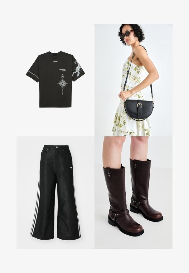 Fekete pamut póló, fehér grafikával, beleértve egy skorpiót és absztrakt mintákat. Rövid ujjú; kerek nyakú.; Fekete, bő szárú farmernadrág, mindkét oldalon három fehér csík díszítéssel és egy kis fehér logóval. Elölzsebekkel és gombos záródással rendelkezik.; Barna bőr térd fölé érő csizmák sima textúrával, széles pánttal és háromszögletű fém díszítőelemekkel, lapos gumitalppal.; Fekete bőrtáska ívelt formával, levehető pánttal és arany színű fémrészekkel. A táskán egy csattal díszített fedél található.
