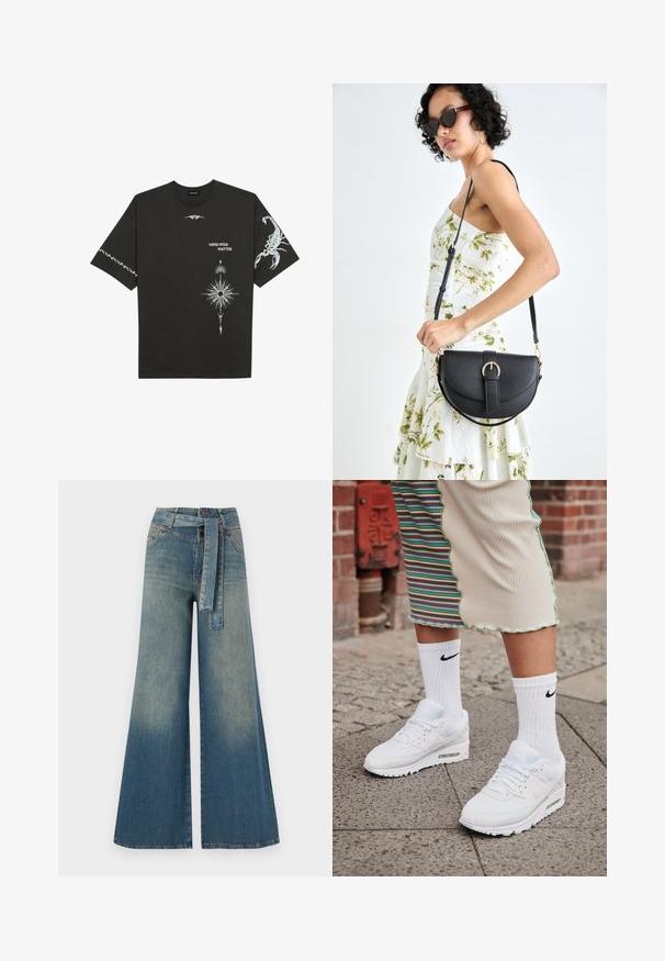 Fekete pamut póló, fehér grafikával, beleértve egy skorpiót és absztrakt mintákat. Rövid ujjú; kerek nyakú.; Bőszárú farmernadrág, világos és sötétkék árnyalatokkal, magas derekú, övgyűrűkkel és a nadrággal megegyező anyagú övvel. Textúrált farmer kivitel.; Fehér Nike Air Max 90 sneaker, amely hálós és bőr felsőrésszel rendelkezik, látható levegőegységgel, párosítva fehér bordázott zoknikkal, fekete logóval.; Fekete bőrtáska ívelt formával, levehető pánttal és arany színű fémrészekkel. A táskán egy csattal díszített fedél található.