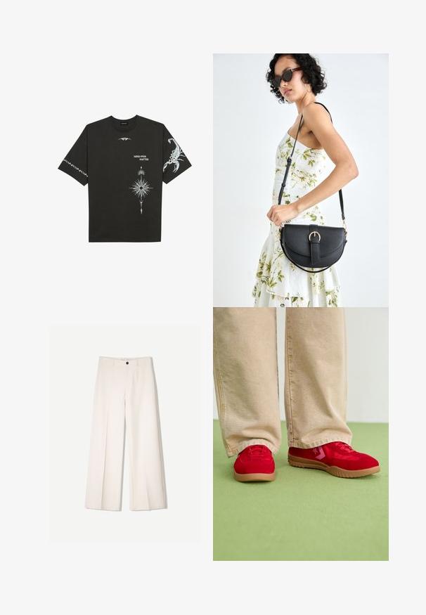 Fekete pamut póló, fehér grafikával, beleértve egy skorpiót és absztrakt mintákat. Rövid ujjú; kerek nyakú.; Tejbézs széles lábú nadrág, szabott kialakítással, két elülső zsebbel és egyetlen elülső gombos záródással, sima anyagból készült.; Piros velúr sportcipők lapos gumitalppal és rózsaszín kiegészítőkkel, bézs bő szárú nadrággal párosítva egy zöld padlón.; Fekete bőrtáska ívelt formával, levehető pánttal és arany színű fémrészekkel. A táskán egy csattal díszített fedél található.