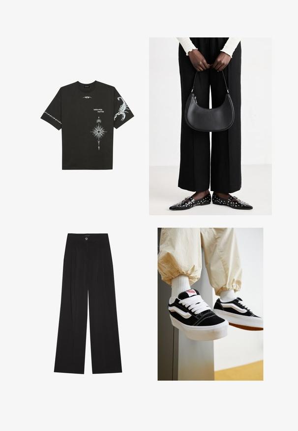T-shirt in cotone nero con stampe grafiche bianche, tra cui un scorpione e design astratti. Maniche corte; scollatura rotonda.; Pantaloni neri a gamba larga con pieghe, dotati di chiusura con bottone e due tasche laterali; texture liscia con un design su misura.; Sneakers in camoscio bianco e nero con lacci bianchi piatti, suole in gomma testurizzata e design a strisce laterali. Indossati con pantaloni a sigaretta color crema.; Borsa a spalla in pelle nera con forma arrotondata, finitura lucida e accessori in argento. Persona che indossa pantaloni ampi neri e mocassini con borchie.