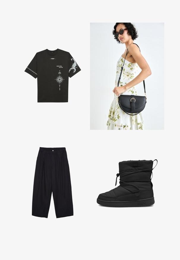 Schwarzes Baumwoll-T-Shirt mit weißen grafischen Drucken, darunter ein Skorpion und abstrakte Designs. Kurze Ärmel; runder Ausschnitt.; Schwarze Polyester-Culotte mit einem elastischen Bund, zwei vorderen Falten und einer lockeren Silhouette. Keine sichtbaren Muster oder Hardware-Details.; Schwarze isolierte Stiefel mit einer gesteppten Textur, elastischem Kordelzugverschluss, gepolstertem oberen Teil und einer Gummisohle mit einem minimalistischen Logo.; Schwarze Lederhandtasche mit geschwungener Form, abnehmbarem Tragegurt und goldenen Beschlägen. Die Tasche verfügt über einen Deckel mit einer Schnallen-Details.