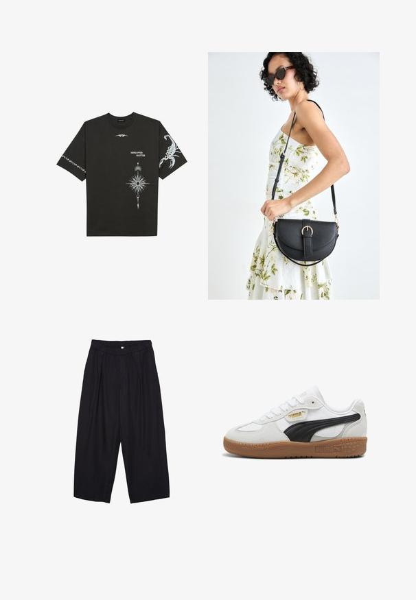 Crna pamučna majica s bijelim grafičkim printovima, uključujući škorpiona i apstraktne dizajne. Kratki rukavi; okrugli izrez.; Crne poliester hlače culotte s elastičnim pojasom, dva prednja nabora i širokim krojem. Nema vidljivih uzoraka ili metalnih detalja.; Bijele kožne tenisice s crnim zamšastim prugom, đonom od gumene smole i zlatnim logotipom sa strane. Klasičan dizajn s vezanjem i zaobljenim vrhom.; Crna kožna torba s lukovitim oblikom, odvojivim remenom i zlatnim detaljima. Torba ima preklop s kopčom.