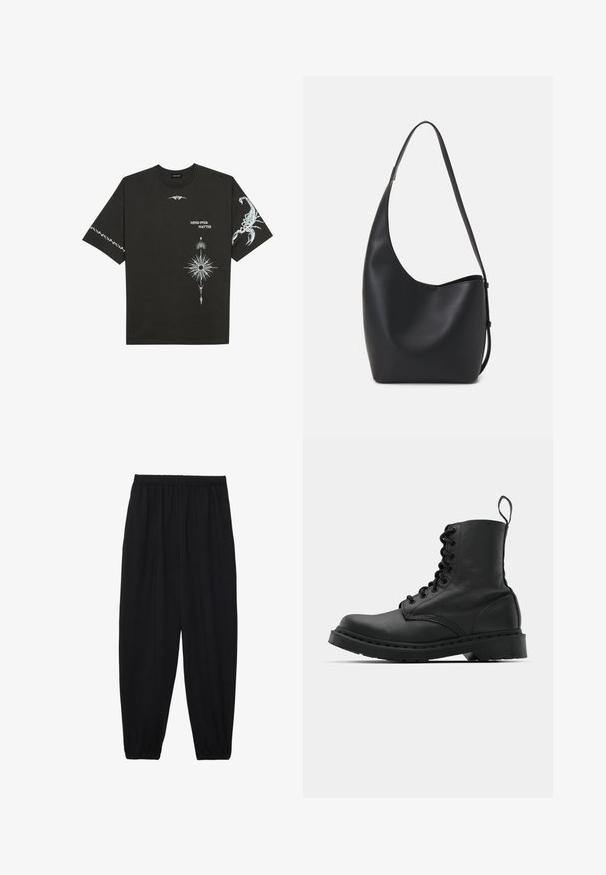 Juodas medvilnės marškinėliai su baltais grafikos spaudiniais, įskaitant skorpioną ir abstrakčius dizainus. Trumpomis rankovėmis; apvaliu iškirpimu.; Juodi, lengvi kelnių su elastinga juosmens juosta ir surinktais kulkšniais. Audinys yra lygus ir turi atsipalaidavusį, siaurėjantį dizainą.; Juodas odinis kovinis botas su apvalioms pirštams, šnerviniu priekiniu užsegimu ir užtraukiamu užtrauktuku prie kulkšnies. Ypatybė - storas guminis padas, užtikrinantis ilgaamžiškumą.; Juodas odinis hobo maišas su lygiu paviršiumi, kreipta forma ir viena reguliuojama rankena; turi platų atidarymą viršuje.