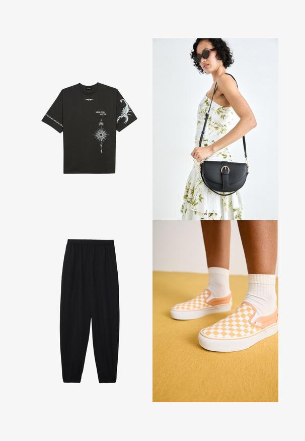 Črna bombažna majica s kratkimi rokavi, okroglim izrezom in belimi grafičnimi potiski, vključno s škorpijonom in abstraktnimi modeli.; Črne, lahke hlače z elastičnim pasom in nabranimi gležnji. Tkanina je gladka in ima sproščen, taperiran dizajn.; Vans CLASSIC SLIP-ON PLATFORM - Športni copati - apricot; Črna usnjena torbica s ukrivljeno obliko, z odstranljivo naramnico in zlatimi dodatki. Torbica ima pokrov s podrobnostmi v obliki zaponke.