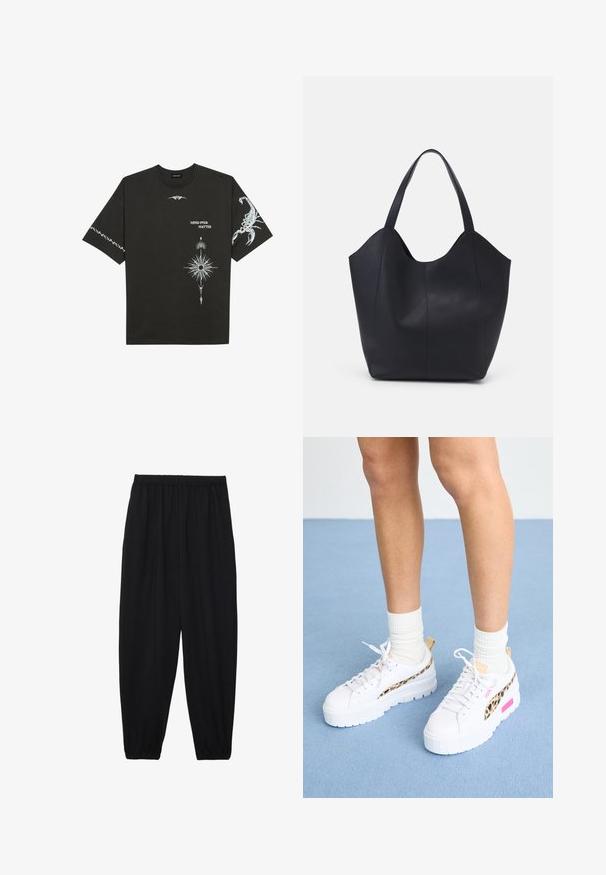 Svart bomullströja med vita grafiska tryck, inklusive en skorpion och abstrakta mönster. Kortärmad; rund halsringning.; Svarta, lätta byxor med elastisk midja och samlade ankleder. Tyget är slätt och har en avslappnad, avsmalnande design.; Puma MAYZE - Sneakers - white/granola; Svart tote-väska i slät läder, med en böjd, öppen topp, två axelremmar och en minimalistisk design.