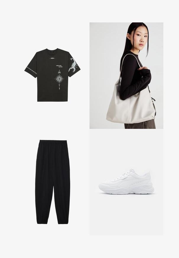 T-shirt noir en coton présentant des impressions graphiques blanches, incluant un scorpion et des motifs abstraits. Manches courtes ; col rond.; Pantalons noirs légers avec une taille élastique et des chevilles froncées. Le tissu est lisse et présente un design décontracté et fuselé.; Baskets de sport blanches avec une tige en cuir lisse, une pointe arrondie, une semelle épaisse et des détails perforés sur les côtés.; Sac à main beige en matériau souple, avec un design décontracté, des détails cousus et deux poignées. Idéal pour un usage quotidien.