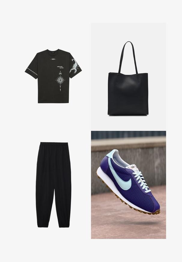 T-shirt de algodão preto com estampas gráficas brancas, incluindo um escorpião e designs abstratos. Mangas curtas; decote redondo.; Calças pretas, leves, com um cinto elástico e punhos franzidos. O tecido é suave e apresenta um design relaxado e afunilado.; Sapatilhas Nike roxas com swoosh azul claro, cós brancos e sola de borracha, mostradas a flutuar acima de uma superfície de concreto ao ar livre.; Bolsa tote preta em couro com textura lisa, forma retangular e duas alças longas. Sem hardware ou enfeites visíveis.