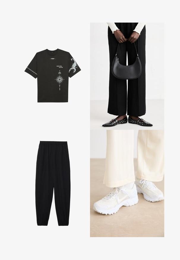 Svart bomull T-skjorte med hvite grafiske trykk, inkludert en skorpion og abstrakte design. Korte ermer; rund hals.; Svarte, lette bukser med elastisk liv og rynkede ankler. Stoffet er glatt og har en avslappet, innsvingt design.; Hvite treningssko med mesh-design, teksturerte overflater og støttende såler. Snøringer og diskret merkevaredetalj på siden.; Svart skinn skulderveske med en avrundet form, glanset overflate og sølvfargede detaljer. Person iført sorte vide bukser og naglede loafers.