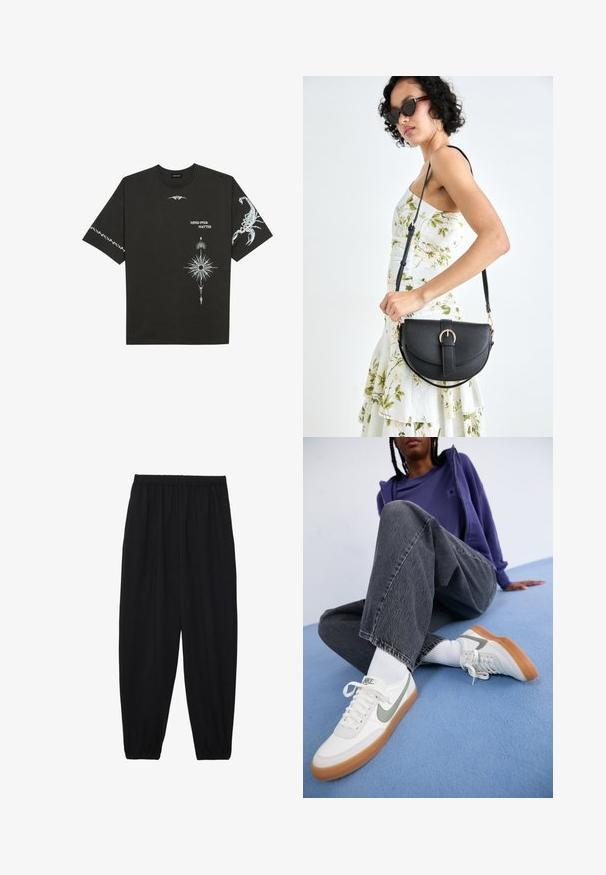 Fekete pamut póló, fehér grafikával, beleértve egy skorpiót és absztrakt mintákat. Rövid ujjú; kerek nyakú.; Fekete, könnyű nadrág elasztikus derékkal és ráncolt bokákkal. Az anyag sima és laza, szűkített dizájnnal rendelkezik.; Fehér Nike sneaker szürke részletekkel, gumi talppal, fehér zoknival viselve. Sötét szürke, enyhén kopott, bő szárú farmernadrág. Kék háttér.; Fekete bőrtáska ívelt formával, levehető pánttal és arany színű fémrészekkel. A táskán egy csattal díszített fedél található.