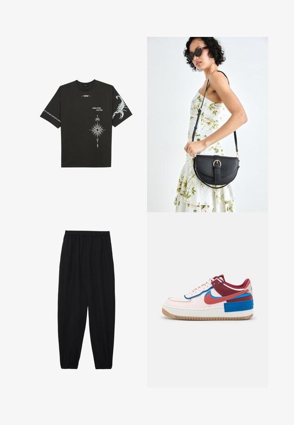 Black cotton t-shirt featuring white graphic prints, including a scorpion and abstract designs. Short sleeves; round neckline.; Black, lightweight pants with an elastic waistband and gathered ankles. The fabric is smooth and features a relaxed, tapered design.; Nike Sportswear AF1 SHADOW - Trainers - light soft pink/canyon rust/fossil stone/team red/photo blue/blue jay; Black leather handbag with a curved shape, detachable strap, and gold hardware. The bag features a flap with a buckle detail.