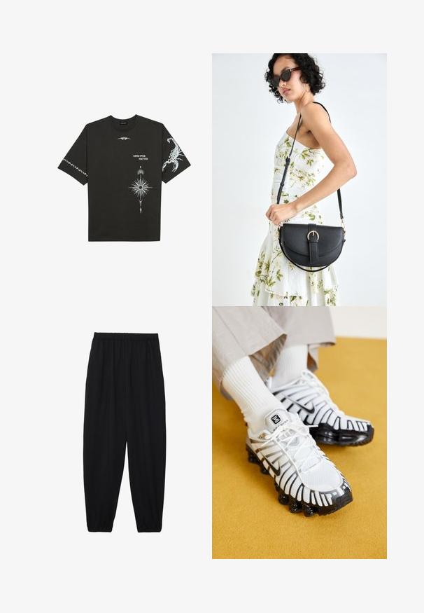 Svart bomull T-skjorte med hvite grafiske trykk, inkludert en skorpion og abstrakte design. Korte ermer; rund hals.; Svarte, lette bukser med elastisk liv og rynkede ankler. Stoffet er glatt og har en avslappet, innsvingt design.; Hvit og svart atletiske sko med mesh-overdel, gummisåle og distinkte ribbestrikkede detaljer. Brukt med hvite ribbestrikkede sokker.; Svart lærveske med en buet form, avtagbar stropp og gullbeslag. Vesken har et klaff med spenne-detall.