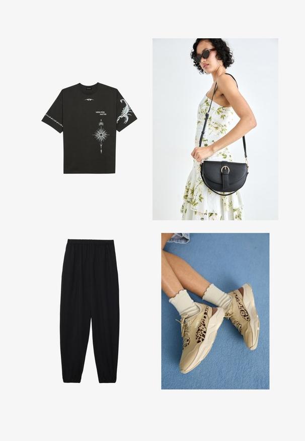 T-shirt de algodão preto com estampas gráficas brancas, incluindo um escorpião e designs abstratos. Mangas curtas; decote redondo.; Calças pretas, leves, com um cinto elástico e punhos franzidos. O tecido é suave e apresenta um design relaxado e afunilado.; Pernas cruzadas usando ténis bege da Puma com riscas de padrão de leopardo e meias creme com folhos num chão coberto de carpete azul.; Bolsa de couro preta com forma curva, alça destacável e detalhes em dourado. A bolsa possui uma aba com detalhe de fivela.
