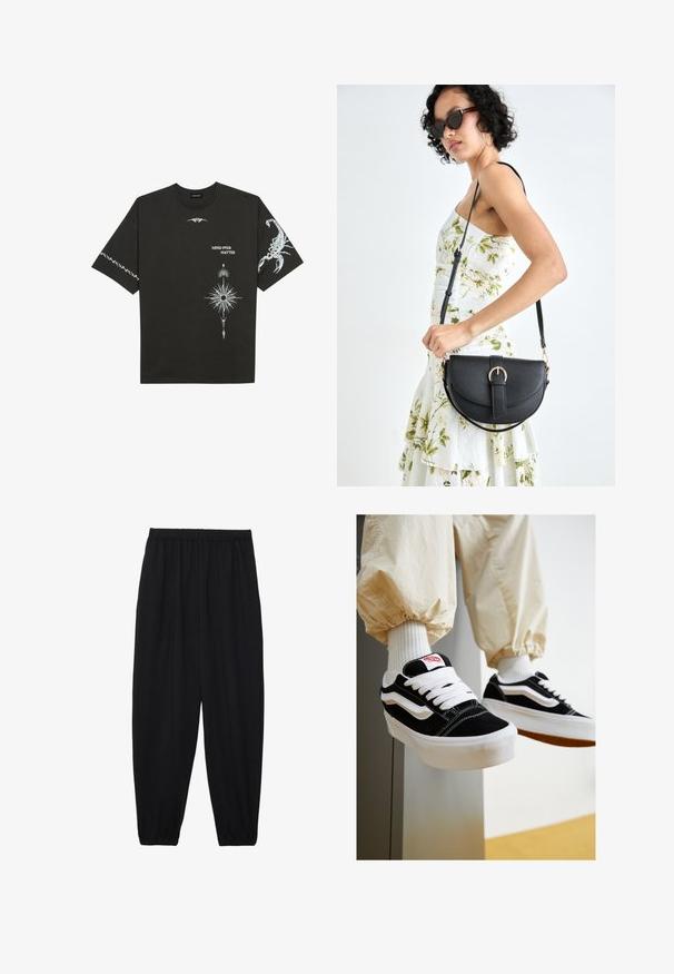 T-shirt in cotone nero con stampe grafiche bianche, tra cui un scorpione e design astratti. Maniche corte; scollatura rotonda.; Pantaloni neri leggeri con vita elastica e caviglie arricciate. Il tessuto è liscio e presenta un design rilassato e affusolato.; Sneakers in camoscio bianco e nero con lacci bianchi piatti, suole in gomma testurizzata e design a strisce laterali. Indossati con pantaloni a sigaretta color crema.; Borsa a tracolla nera in pelle con una forma curva, manico rimovibile e accessori dorati. La borsa presenta una patta con un dettaglio a fibbia.