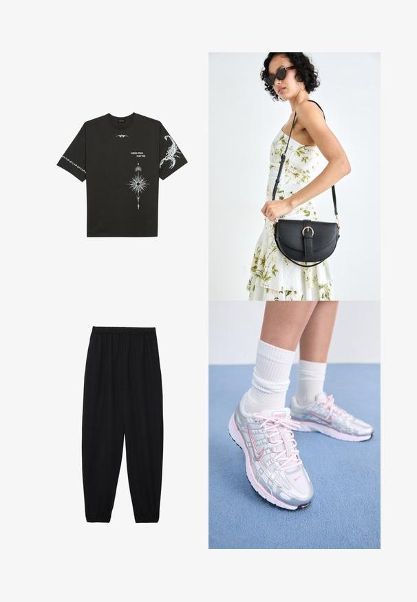 Fekete pamut póló, fehér grafikával, beleértve egy skorpiót és absztrakt mintákat. Rövid ujjú; kerek nyakú.; Fekete, könnyű nadrág elasztikus derékkal és ráncolt bokákkal. Az anyag sima és laza, szűkített dizájnnal rendelkezik.; Nike futócipők ezüst hálós felsőrésszel, rózsaszín kiegészítőkkel, fehér fűzővel és texturált talppal. Fehér pamut sport zoknival viselve.; Fekete bőrtáska ívelt formával, levehető pánttal és arany színű fémrészekkel. A táskán egy csattal díszített fedél található.