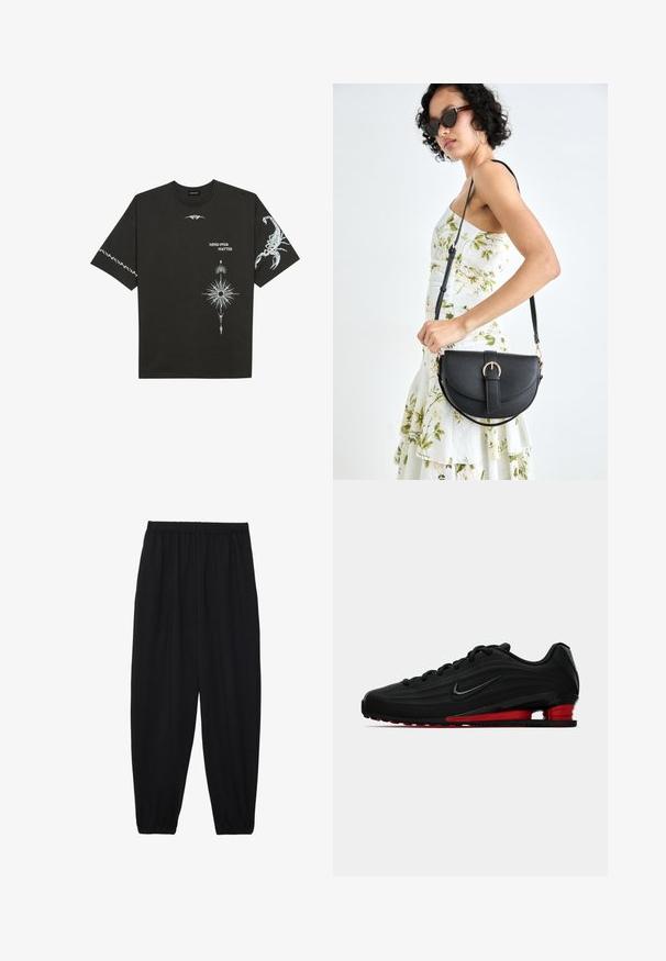 Juodas medvilnės marškinėliai su baltais grafikos spaudiniais, įskaitant skorpioną ir abstrakčius dizainus. Trumpomis rankovėmis; apvaliu iškirpimu.; Juodi, lengvi kelnių su elastinga juosmens juosta ir surinktais kulkšniais. Audinys yra lygus ir turi atsipalaidavusį, siaurėjantį dizainą.; Juodos Nike bėgimo bateliai su raudonu pado pagalvių, rodomi šoninėje profilyje ant balto fono.; Juodas odinis krepšys su išlenkta forma, nuimamu dirželiu ir auksiniais detalėmis. Krepšys turi kilpą su sagtimi.