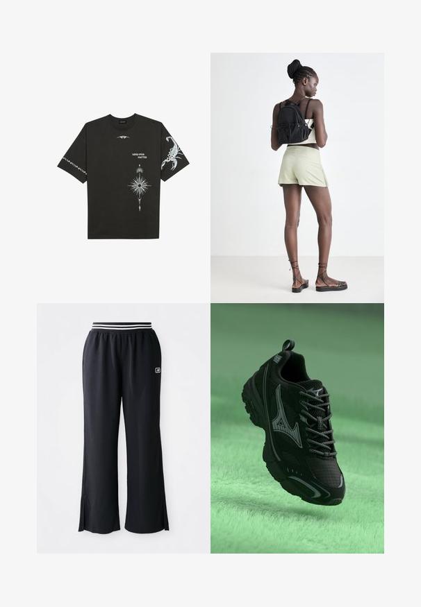 Crna pamučna majica s bijelim grafičkim printovima, uključujući škorpiona i apstraktne dizajne. Kratki rukavi; okrugli izrez.; Crne sportske hlače širokih nogavica, elastičan pojas sa crno-bijelim prugama i bočnim prorezima na rubu.; Crne atletske cipele s teksturiranom površinom, sivi naglasci i vezice. Imaju istaknut brendirani logo i podstavljeni đon za podršku.; Crni ruksak s vezicom, svijetlozeleni šortsevi, bež majica i crne sandale sa trakama. Model pozira s leđa na svijetloj pozadini.