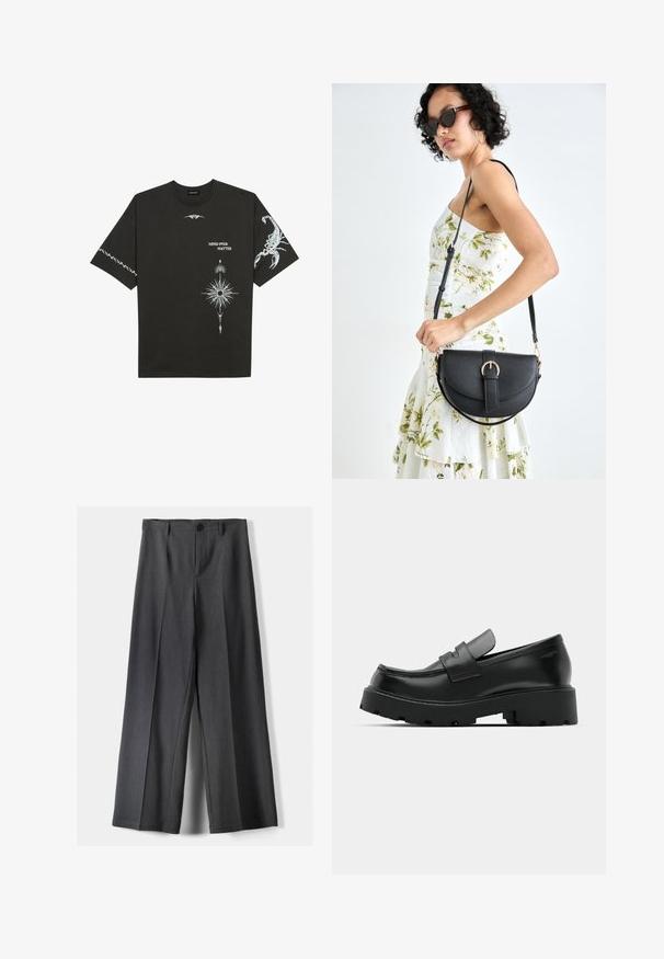 Czarna bawełniana koszulka z białymi nadrukami graficznymi, w tym skorpionem i abstrakcyjnymi wzorami. Krótkie rękawy; okrągły dekolt.; Spodnie o szerokich nogawkach w ciemnoszarym kolorze, z zapięciem na guzik, plisami z przodu i szlufkami na pasek. Gładka faktura z dopasowanym krojem.; Czarne skórzane loafersy z masywną, teksturowaną podeszwą, z paskiem na wierzchu i gładkim, wypolerowanym wykończeniem.; Czarna skórzana torebka o zakrzywionym kształcie, z odpinanym paskiem i złotymi akcentami. Torebka posiada klapę z zapięciem w kształcie klamry.