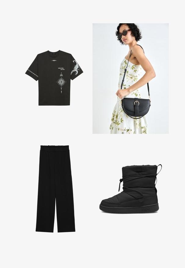 Czarna bawełniana koszulka z białymi nadrukami graficznymi, w tym skorpionem i abstrakcyjnymi wzorami. Krótkie rękawy; okrągły dekolt.; Czarne spodnie typu wide-leg z falbaną w pasie, z dwoma bocznymi kieszeniami i gładkim, lekkim materiałem. Brak widocznych wzorów lub elementów metalowych.; Czarne ocieplane buty z pikowaną teksturą, z elastycznym zaciągiem, wyściełanym szczytem oraz gumową podeszwą z minimalistycznym logo.; Czarna skórzana torebka o zakrzywionym kształcie, z odpinanym paskiem i złotymi akcentami. Torebka posiada klapę z zapięciem w kształcie klamry.