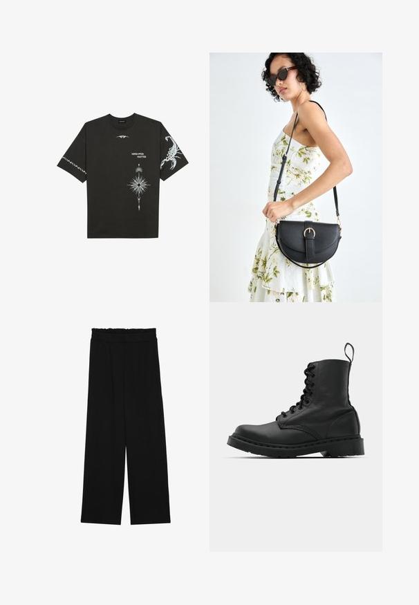 Black cotton t-shirt featuring white graphic prints, including a scorpion and abstract designs. Short sleeves; round neckline.; Black wide-leg trousers with a ruffled waistband, featuring two side pockets and a smooth, lightweight fabric. No visible patterns or hardware.; Black leather combat boot with a round toe, lace-up front, and a pull tab at the ankle. Features a thick rubber sole for durability.; Black leather handbag with a curved shape, detachable strap, and gold hardware. The bag features a flap with a buckle detail.