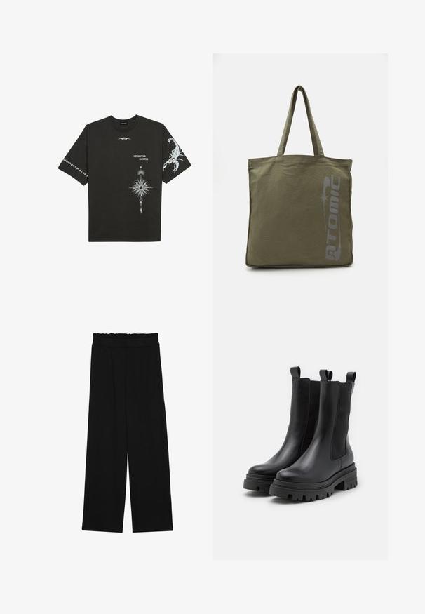 Svart bomull T-skjorte med hvite grafiske trykk, inkludert en skorpion og abstrakte design. Korte ermer; rund hals.; Svarte vide bukser med rynket liv, med to sidelommer og et glatt, lett stoff. Ingen synlige mønstre eller metalldeler.; Sorte lærankelstøvler med elastiske sidepaneler og pull-tabs. Kraftige gummisoner med dybe mønstre for bedre trækkraft.; Olivengrønn kanvas totebag med logo trykk, doble håndtak, firkantet form, synlige sømmer, og uten ekstra mønstre eller detaljer.